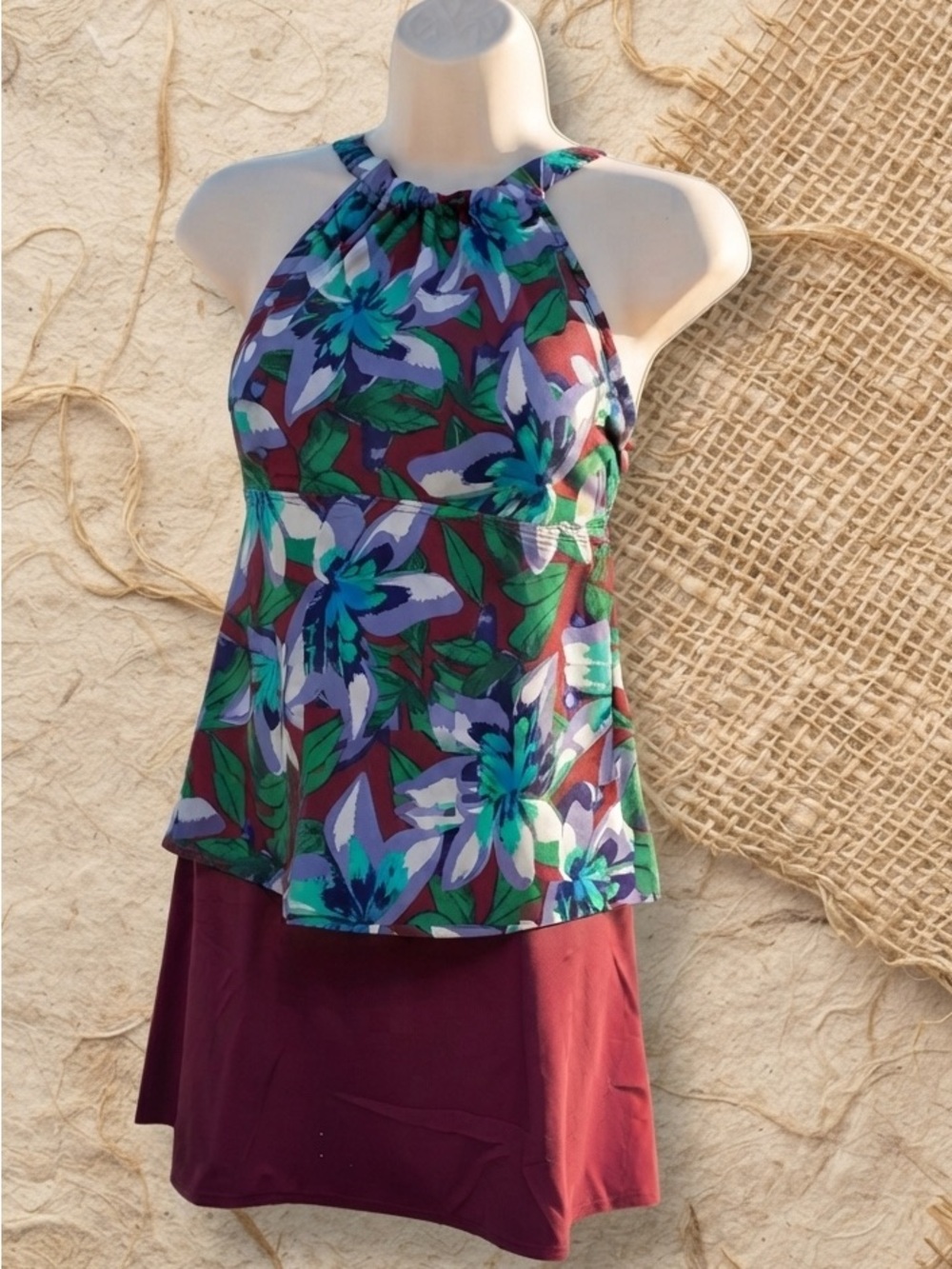 Denim & Co. Beach H-Back Halter Floral Tankini - New No Tags. 20W